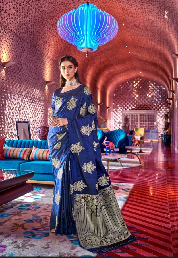 Thumbnail: Women's Blue Pure Banarasi Chanderi Saree