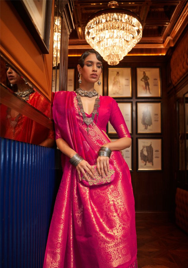 Thumbnail: Women's Crimson Red handloom Weaving Banarasi Silk Saree