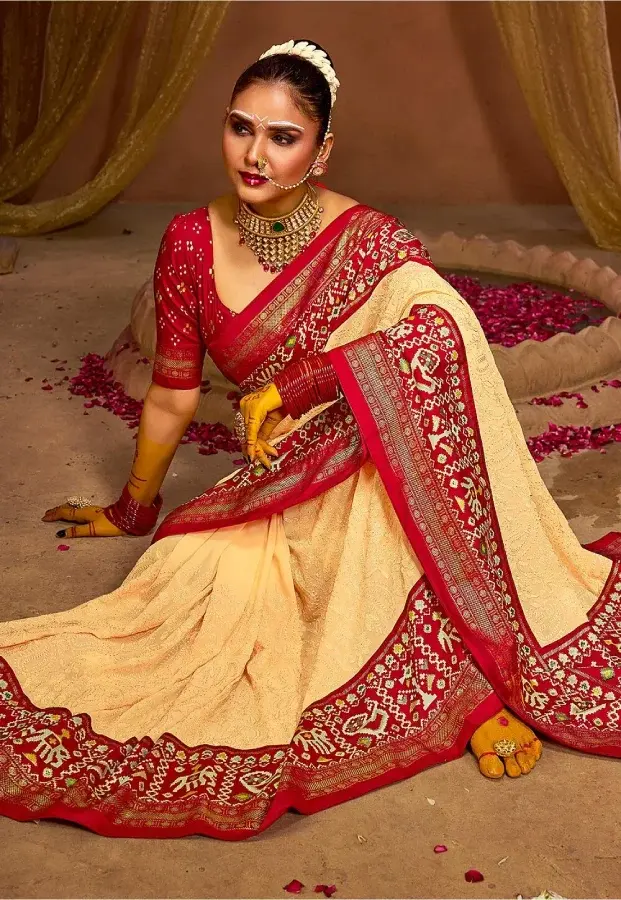 Thumbnail: Light Orange Exquisite Chikankari With Patola Fusion Saree