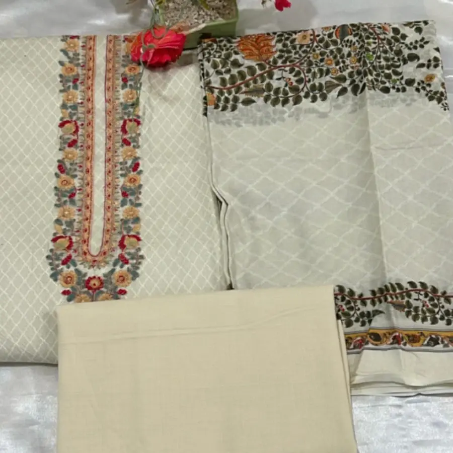 Thumbnail: Off White Mughal Embroidered Jam Satin Salwar Kameez Digital Print Dupatta