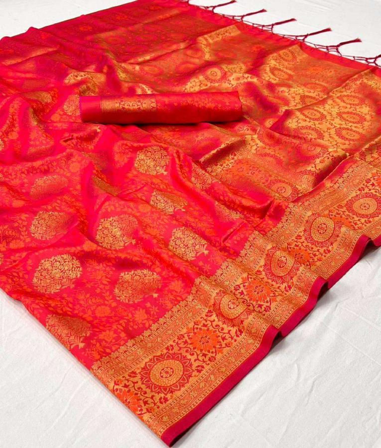 Thumbnail: Women's Orange handloom Weaving Banarasi Silk Saree