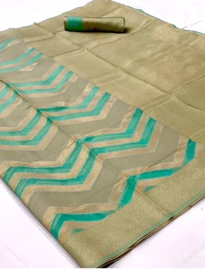 Thumbnail: Women's Mint Green Lehariya Organza Zari Saree