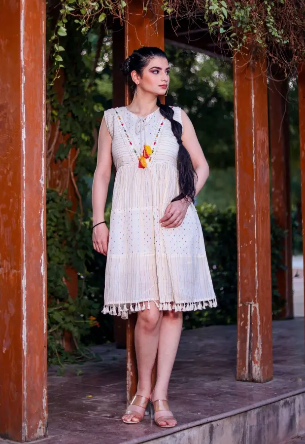 Designer Off-White Khadi Cotton Dress with Multi-Thread Handwork