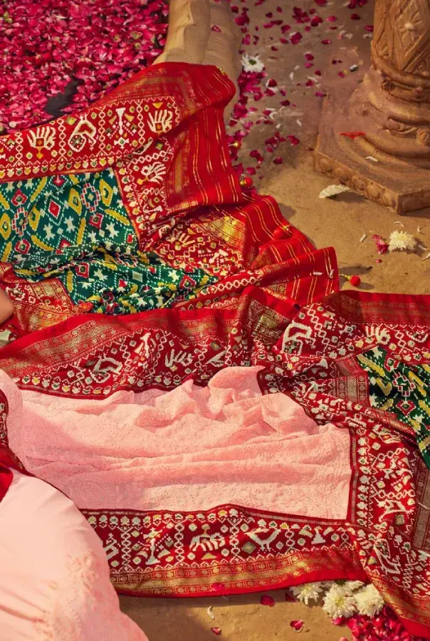 Thumbnail: Peach Exquisite Chikankari With Patola Fusion Saree