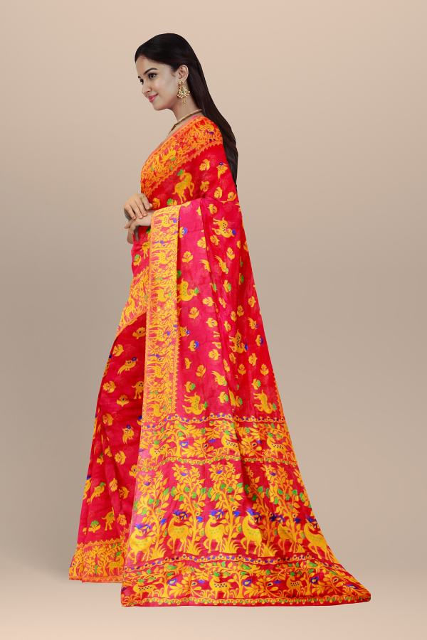 Thumbnail: Chili Red Dhakai jamdani saree soft Handloom Saree