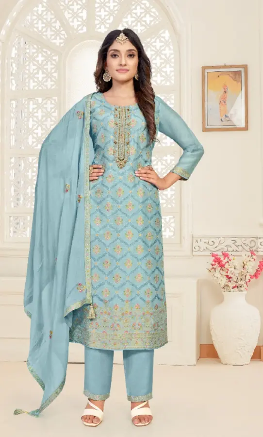 Light Blue Readymade Banarasi Silk Salwar Kameez