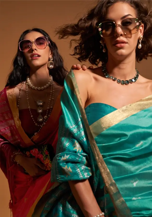 Thumbnail: Turquoise Banarasi Silk Saree With Blouse Piece