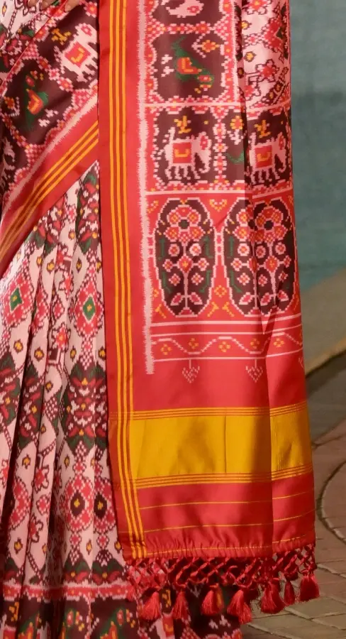 Thumbnail: White Banarasi Silk Patola Saree Lagdi Patta Pallu & Rajkoti Ikkat Print