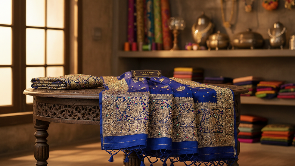 Eye-level view of a traditional Indian saree with intricate embroidery