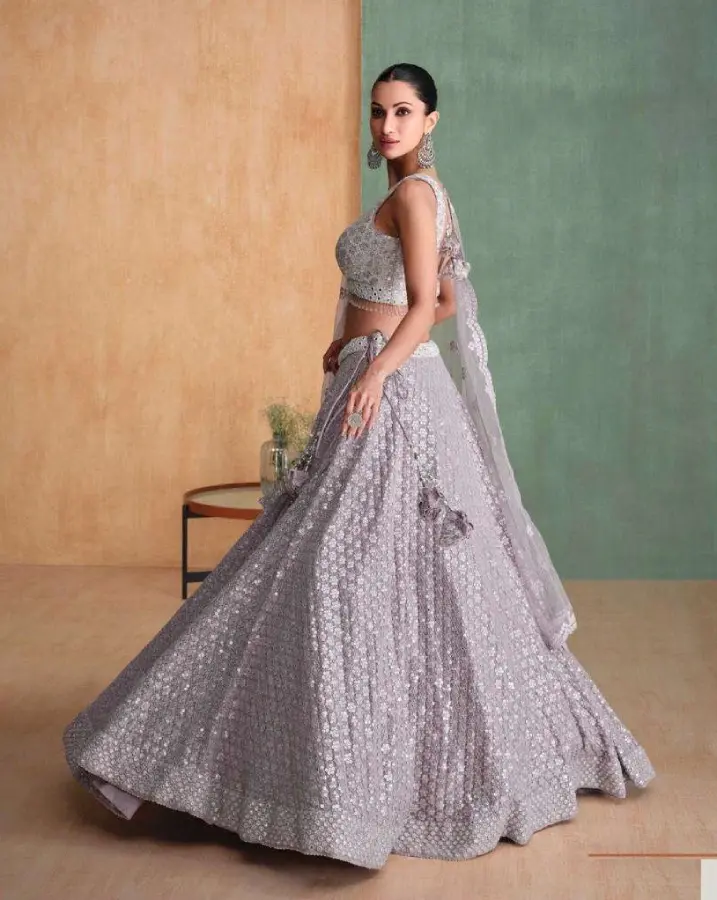 Thumbnail: Elegant Misty Silver Georgette Lehenga Set – Full-Stitched Gown Matching Dupatta