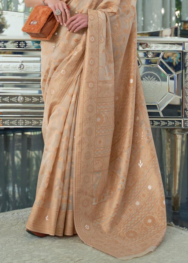 Thumbnail: Malta Brown Kashida Lucknowi Chikankari Weaving saree