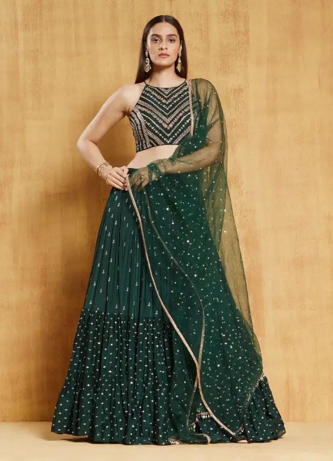 Bottle Green Lehenga Choli with Net Dupatta for Wedding