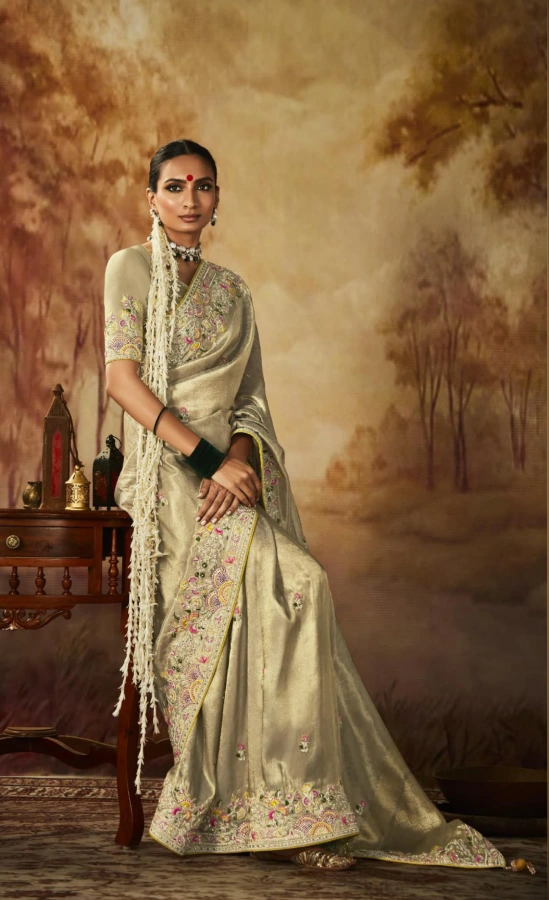 Thumbnail: Women's Tan Golden Kanjivaram Designer Handwork Saree