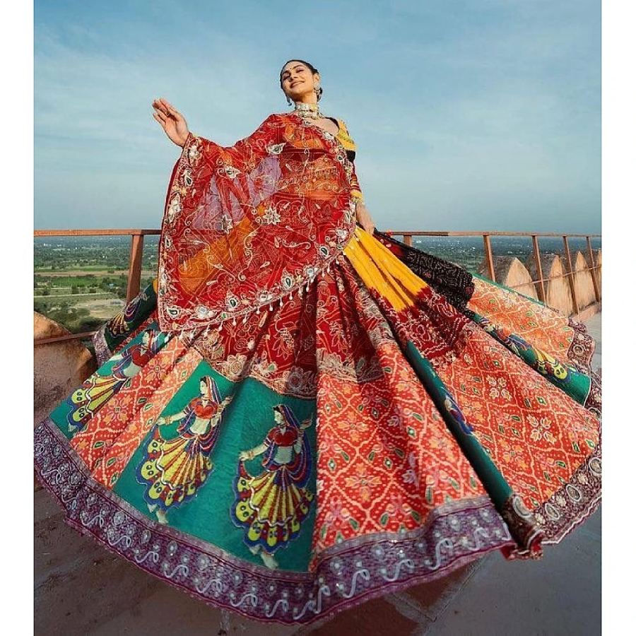 Thumbnail: Multicolor print mirror work garba navratri ghagra lehenga chaniya choli