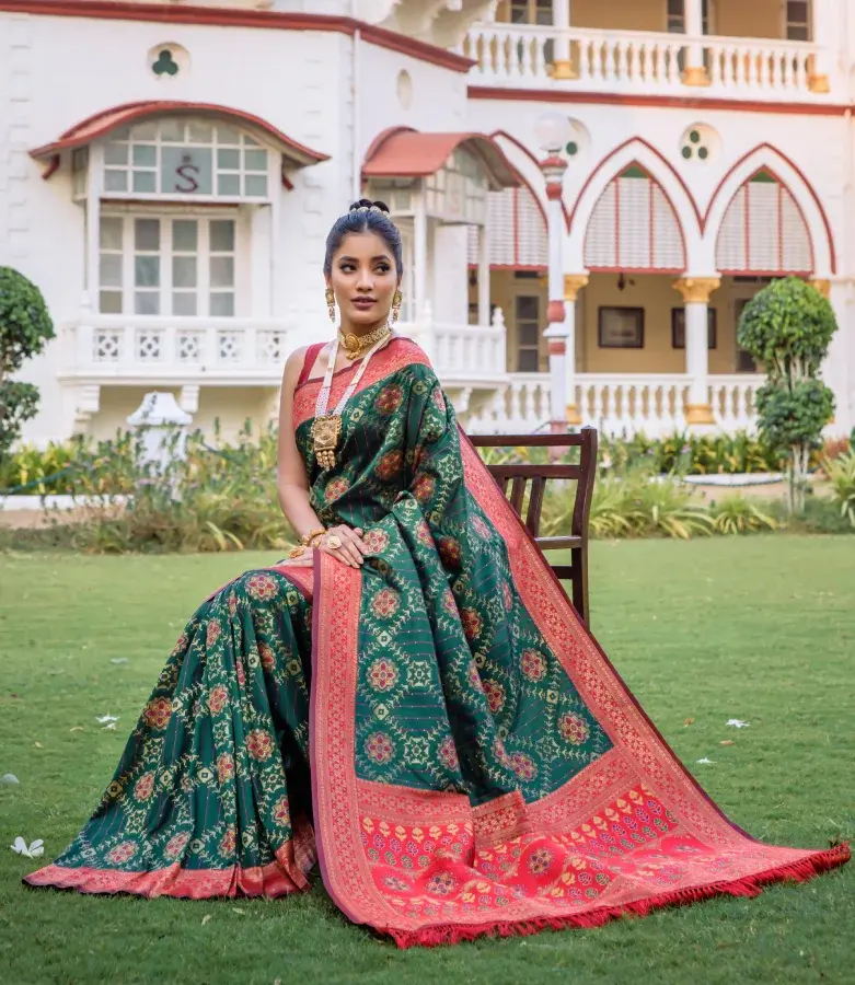 Thumbnail: Women's Bottle Green Patola Woven Silk Saree