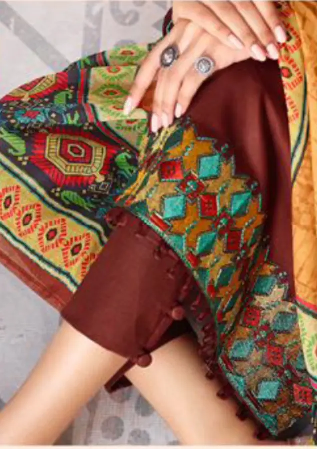 Thumbnail: Brown Embroidered Jam Satin Unstitched Suit with Digital Print Dupatta