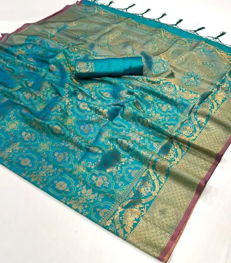 Thumbnail: Exquisite Peacock Blue Handloom Weaving Silk Saree