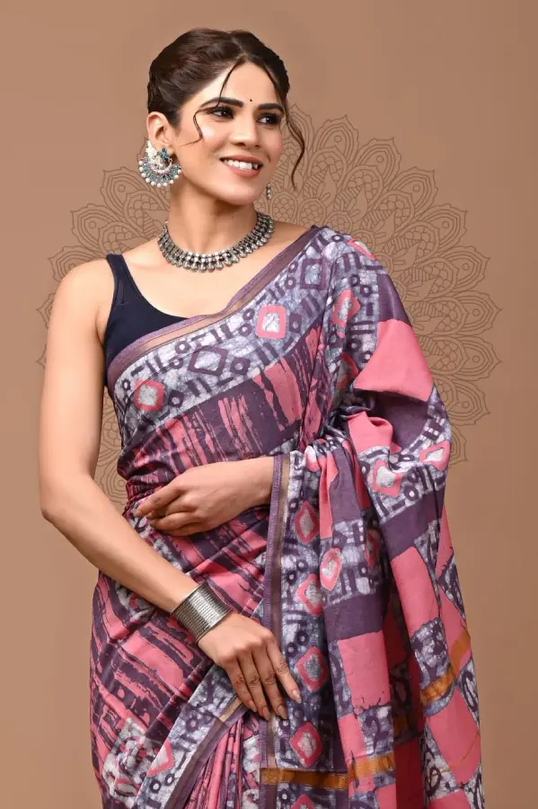 Thumbnail: Pink Soft Chanderi Silk Hand Block Printed Saree