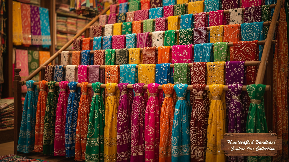 Eye-level view of colorful Bandhani dupattas hanging on display