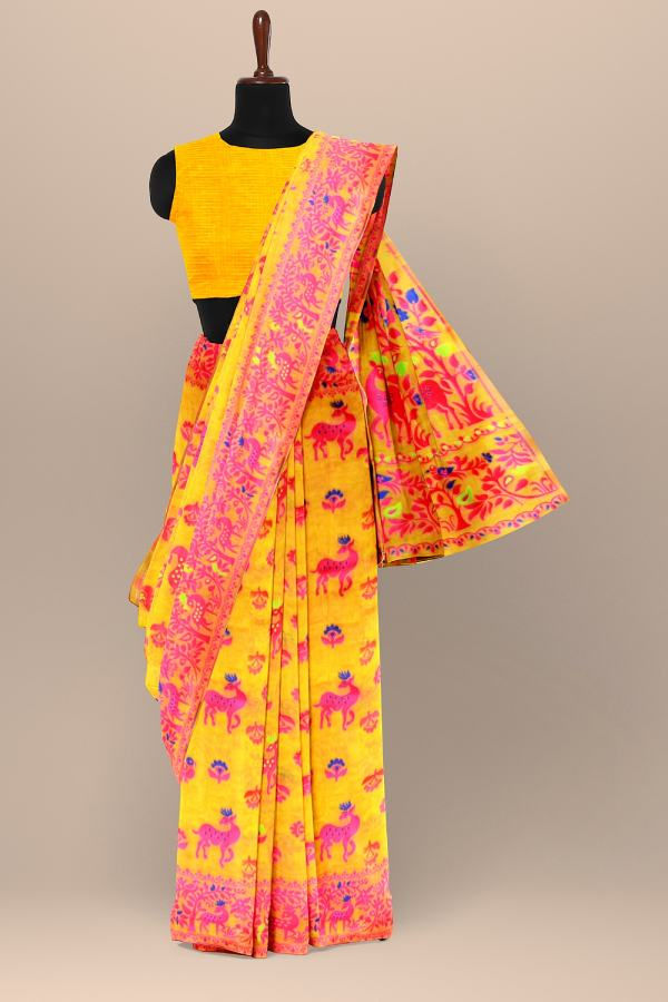Thumbnail: Yellow Dhakai jamdani saree soft Handloom Saree