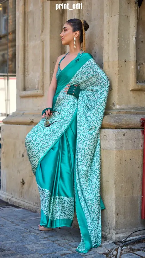Fountain Blue Printed Satin Crepe Saree – Printed Design
