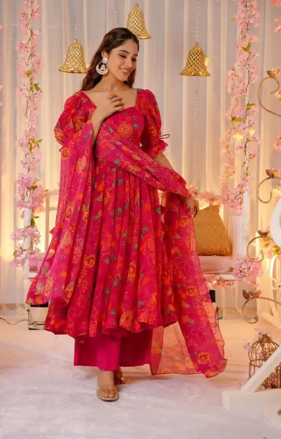 Hot Pink Printed Soft Organza Anarkali Stitched Suit