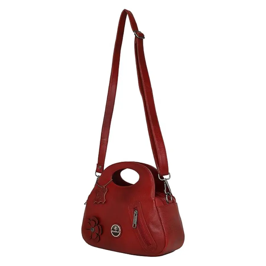 Thumbnail: Elegant Maroon Leather Handbag with Floral Design