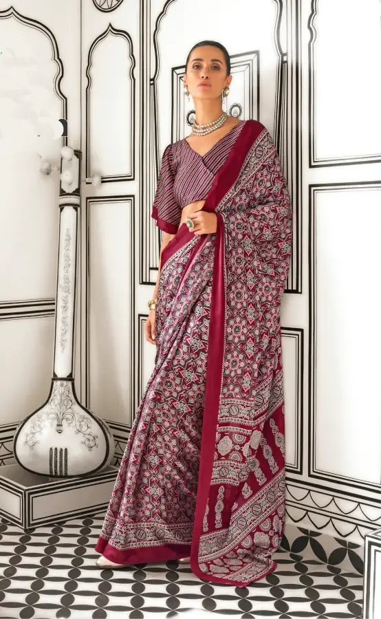 Women's Maroon Printed Ajarakh Satin Crepe Saree