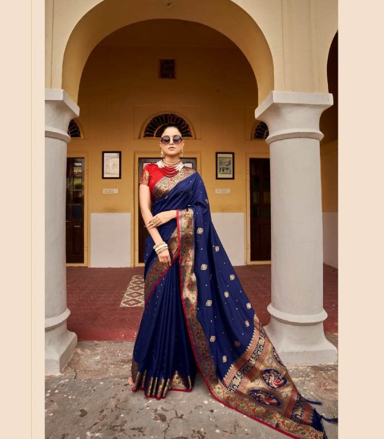 Dark Blue Banarasi Woven Soft Silk Saree