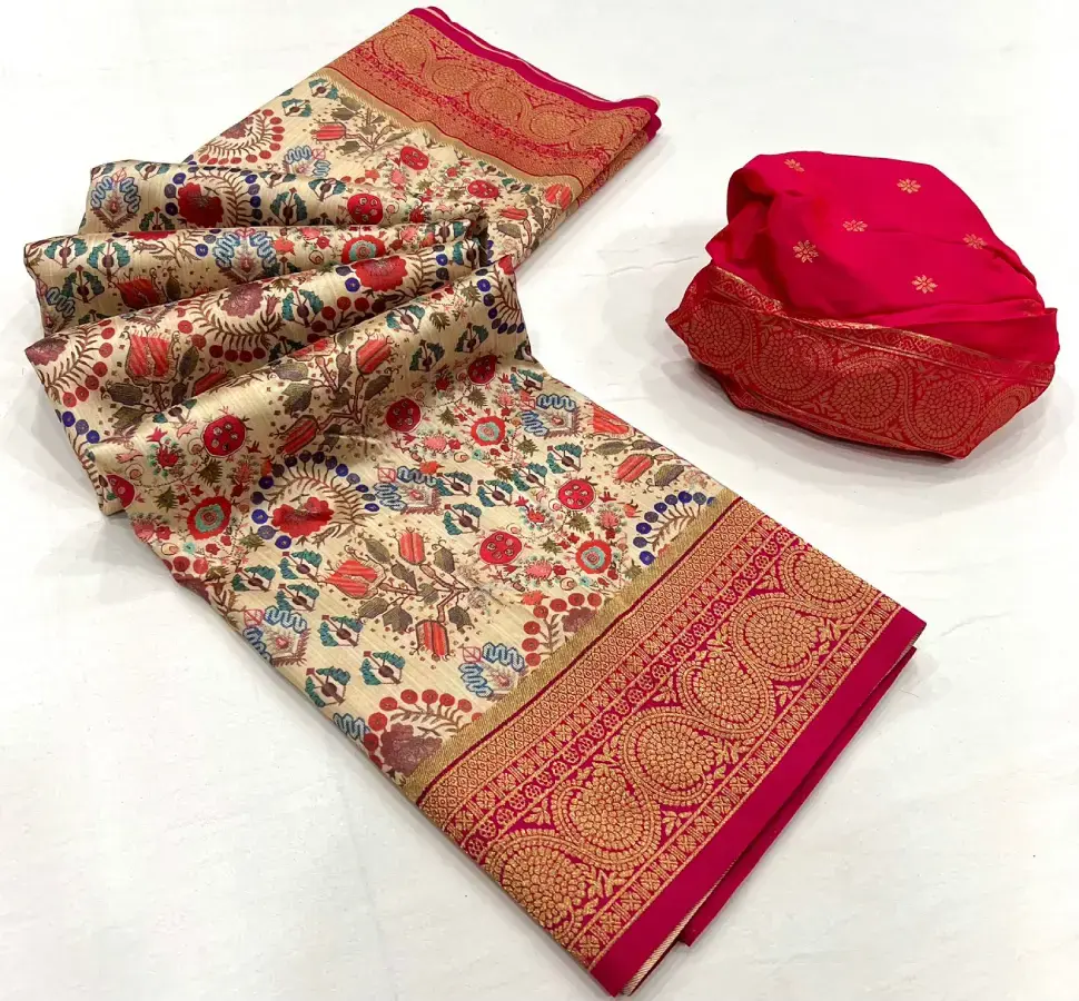 Thumbnail: Beige Kalamkari Printed Banarasi Silk Saree with Pink Zari Blouse