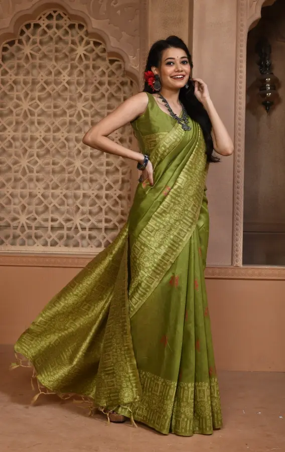 Thumbnail: Premium Olive Banglori Handloom Raw Silk Saree