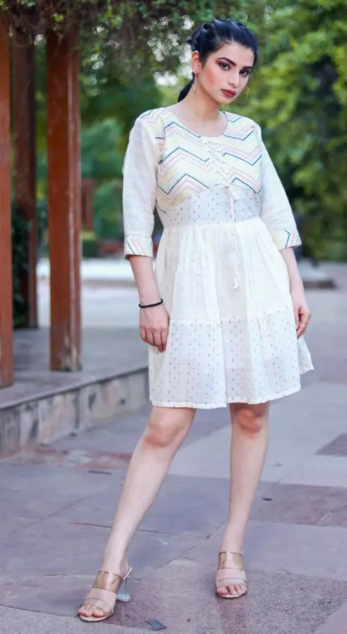 Off-White Designer Khadi Cotton Dress with Multi-Thread Handwork