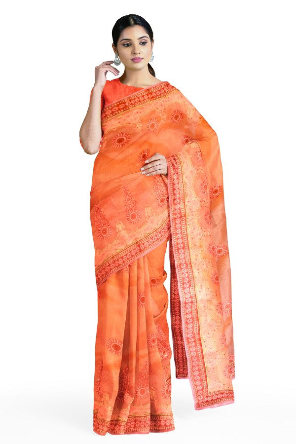 Thumbnail: Orange Colour Hand Embroidered Organza Saree