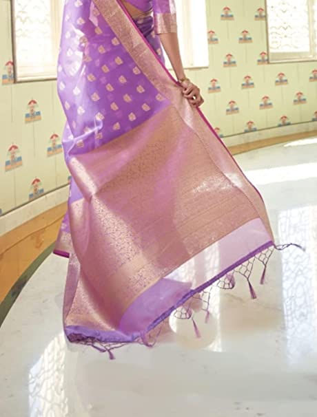 Thumbnail: Weaver Saga Women's Purple Tissue Silk with Banarasi Zari work