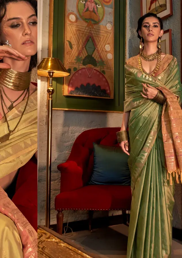 Thumbnail: Elegant Green Tussar Silk Saree Ikkat Pallu – Handloom Masterpiece