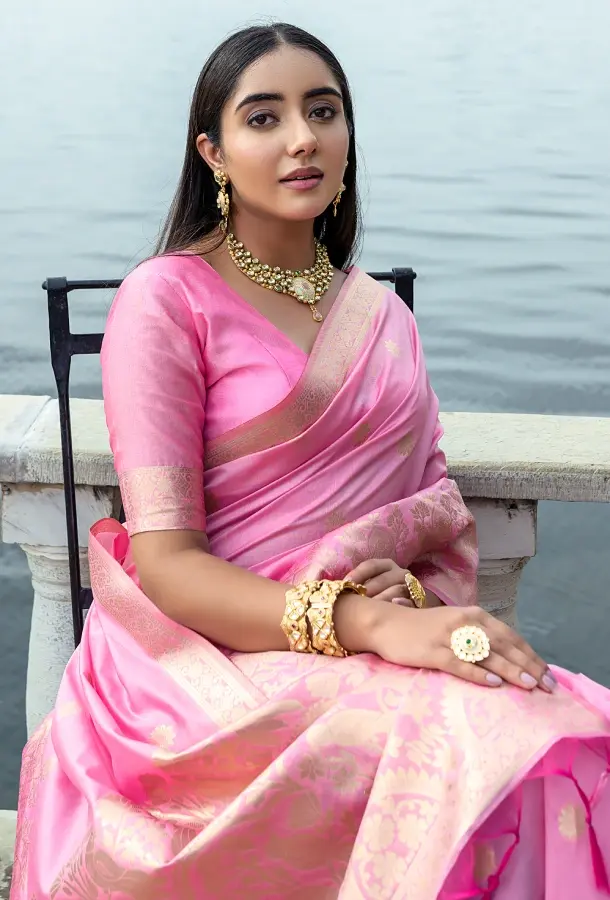 Thumbnail: Women's Blush Pink Woven Soft Silk Saree