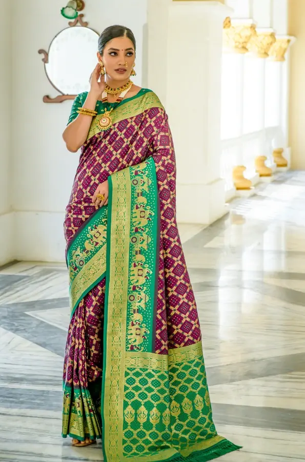 Thumbnail: Wine Bandhani Printed and Woven Saree