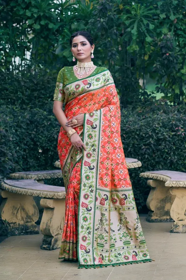 Thumbnail: Women's Orange Printed Patola Paithani Silk Saree