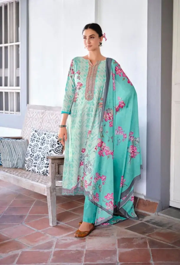 Turquoie Pure Lawn Cotton Suit with Heavy Embroidery & Digital Print Dupatta