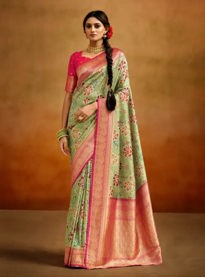 Sea Green Kalamkari Printed Banarasi Silk Saree with Pink Zari Blouse