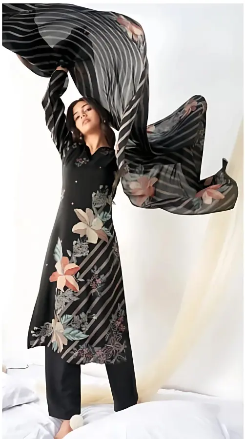 Thumbnail: Elegance in Every Thread – Black Pure Viscose Muslin Embroidered Salwar Suit