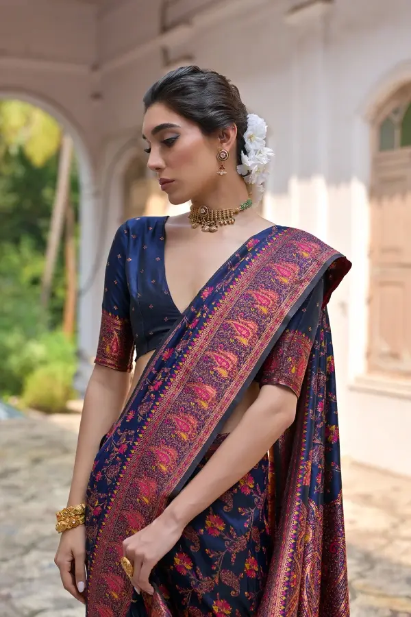 Thumbnail: Premium Navy Blue Pashmina Silk Saree | Woven Banarasi Saree