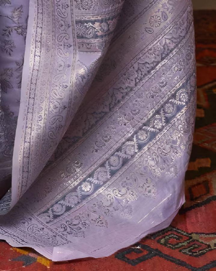 Thumbnail: Purple Kani Weaving Intricate Design Kashmiri Cotton Silk Saree