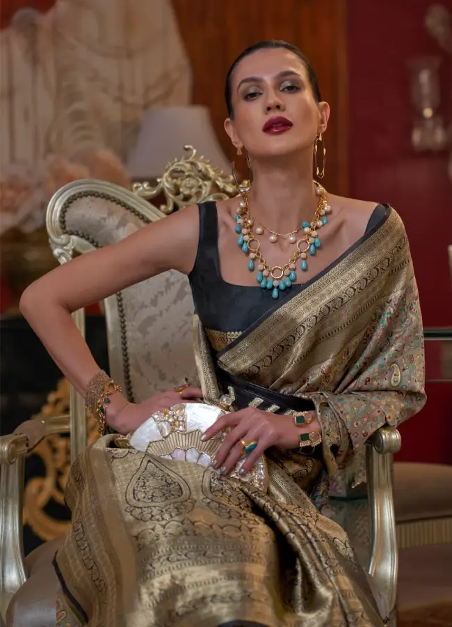 Thumbnail: Grey Kashmiri Chaap Handloom Weaving Saree