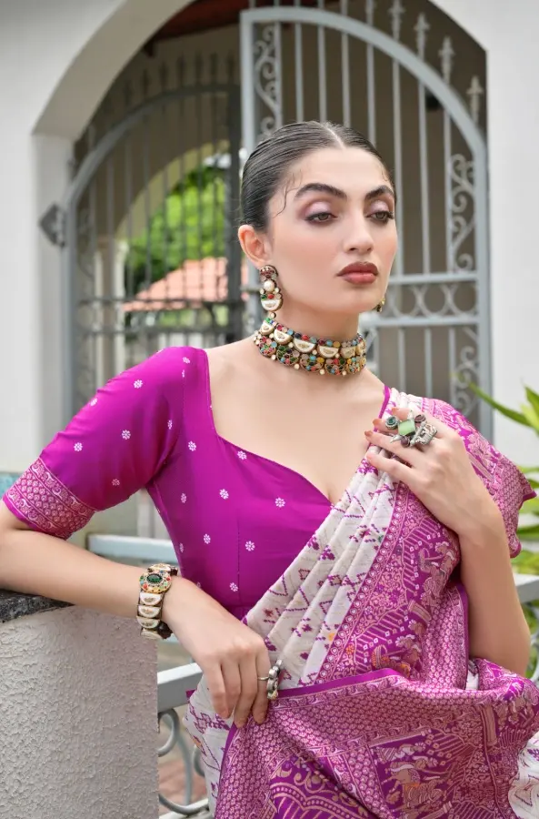 Thumbnail: Magenta Banarasi Silk Patola Saree with Meenakari Thread Work