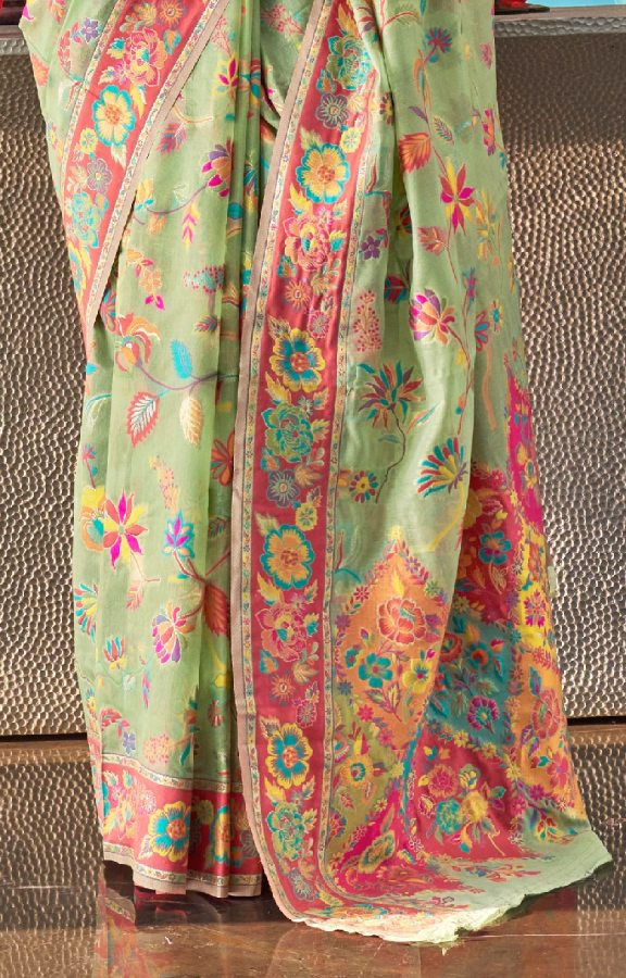 Thumbnail: Pista Green Woven Kashmiri Cotton Saree