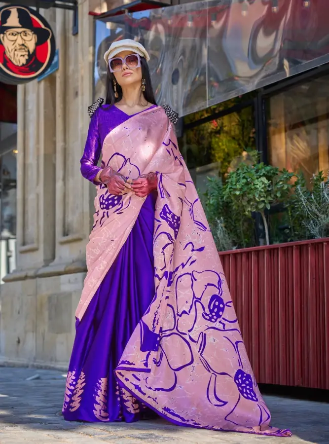 Opulent Blue-Gem & Rose-Print Satin Crepe Saree – Printed Design
