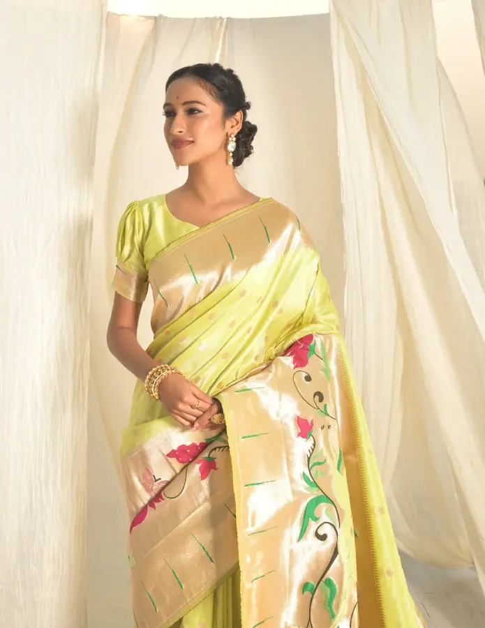 Thumbnail: Bright Green Paithani Handloom Silk Saree