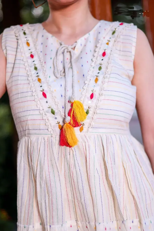 Thumbnail: Designer Off-White Khadi Cotton Dress with Multi-Thread Handwork