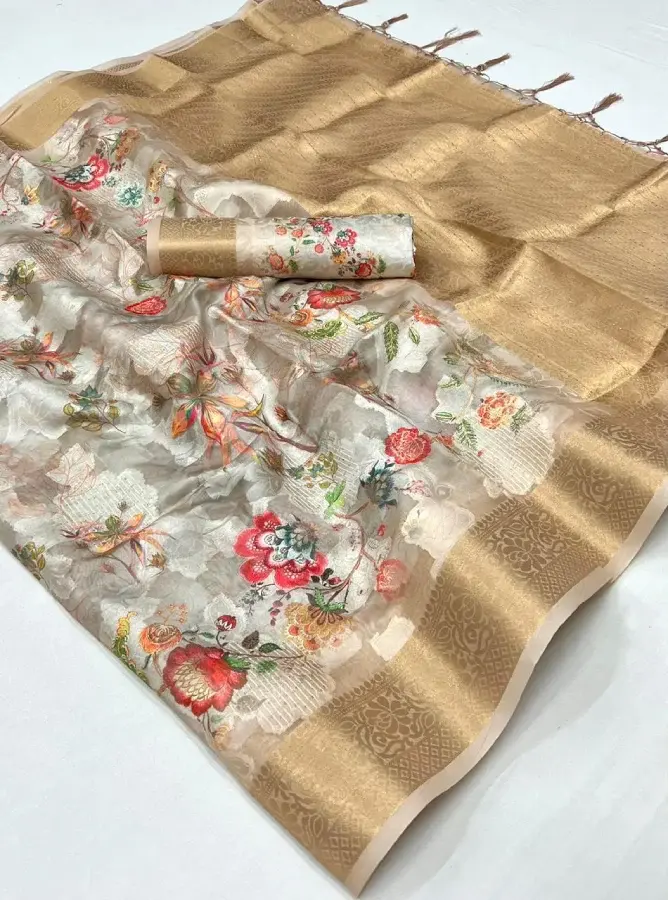 Thumbnail: Cream Floral Woven Brasso Saree With Tassels